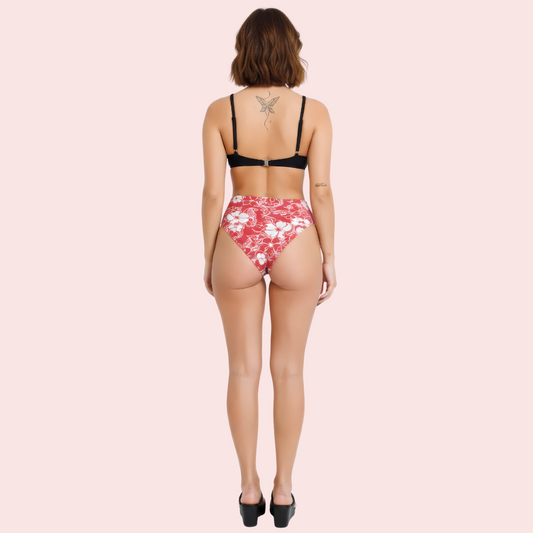 Red & White Floral Print High-Cut Thong Bikini Bottom (Bottom Only)