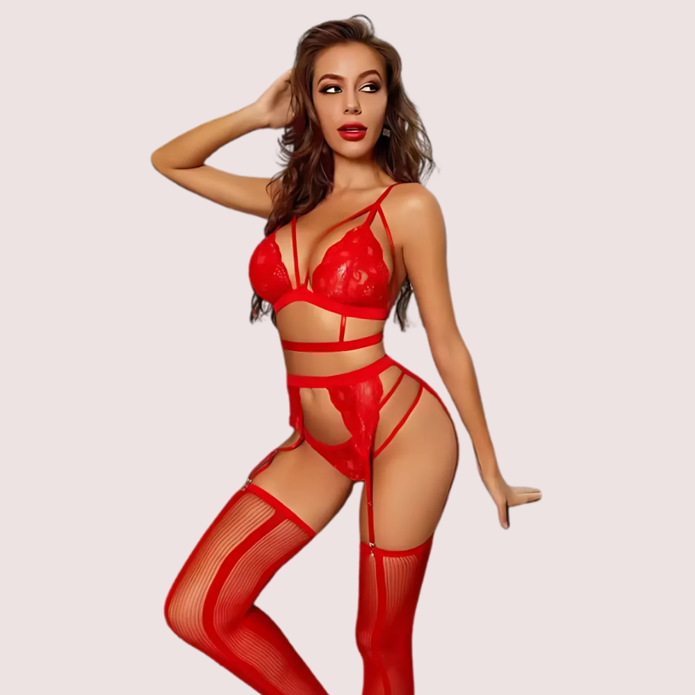 पुष्प फीता 3-टुकड़ा अधोवस्त्र सेट